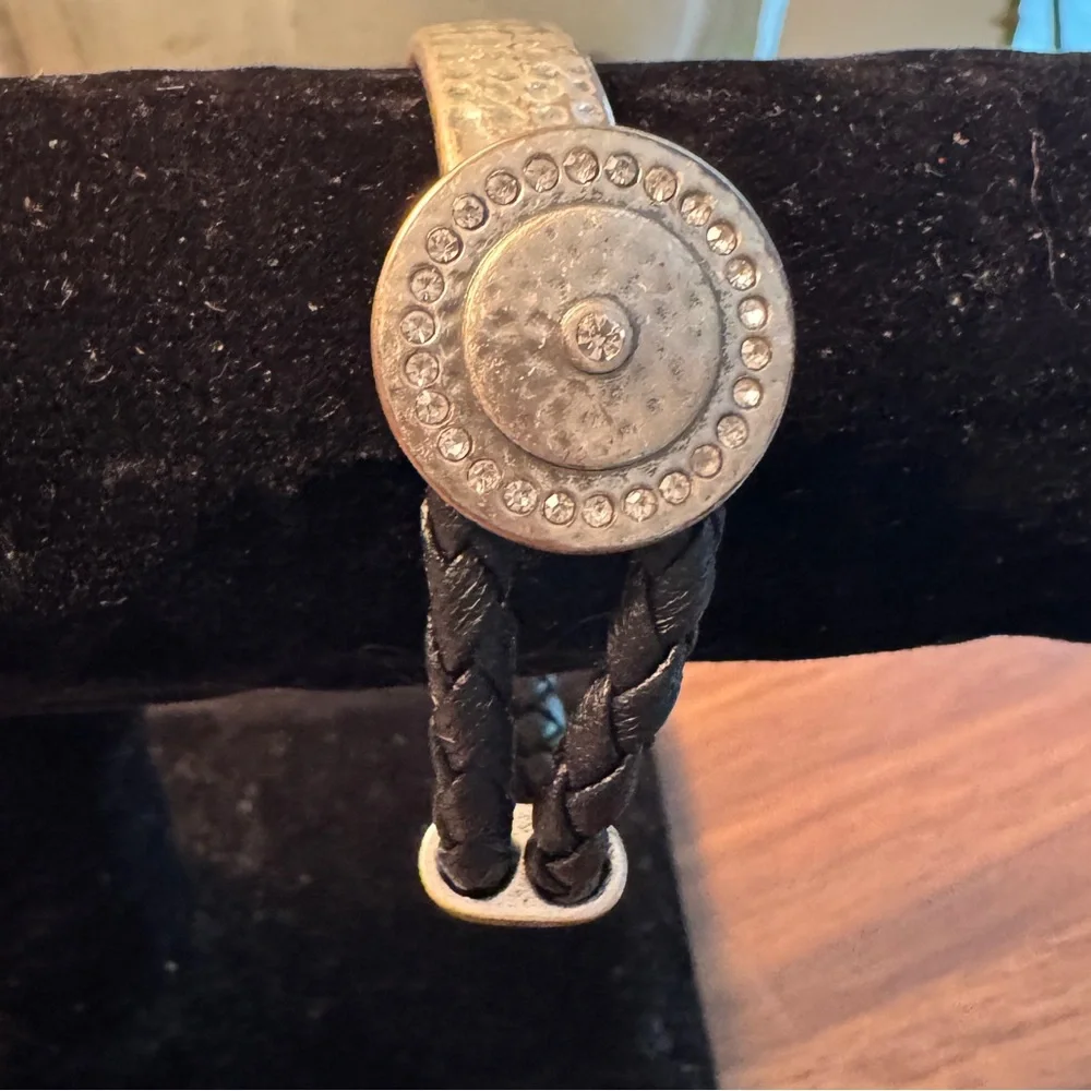 Premier Designs Black Leather  Braided Bracelet with Silver Medallion